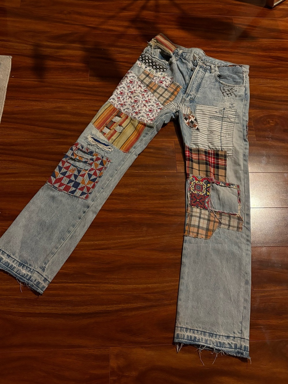 MNML Light Wash Patchwork Denim Jeans - Multicolor Fabric Patches 31